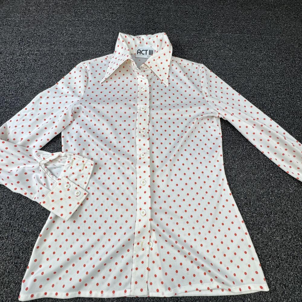 Vtg ACT III Button-Up Tunic Womens M White Polka Dot Satin Slim Stained
